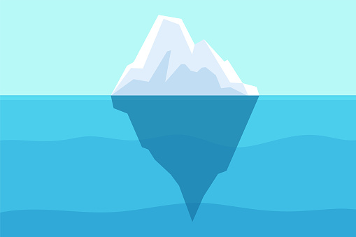 Iceberg floating in ocean. Arctic water, sea underwater with berg and freezing light. Polar or antarctica melting mountain vector landscape
