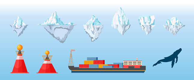 Icebergs, Ship with Metal Containers, Signaling Buoys and Whale Design Elements for Infographics, Isolated Ice Caps