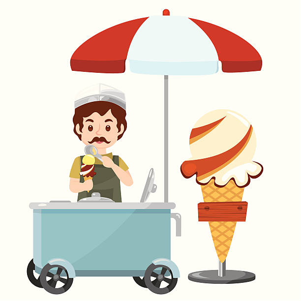 ilustraciones, imágenes clip art, dibujos animados e iconos de stock de icecream hombre con carrito - ice cream truck