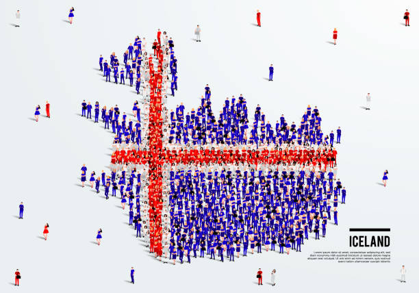 Iceland Map and Flag. A large group of people in the Iceland flag color form to create the map. Vector Illustration. vector art illustration