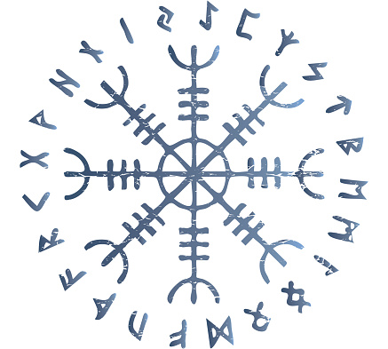 Icelandic magic stave distressed vector illustration: Helm of Awe or Terror, also known as Aegishjalmur sigil with futhark runes circle.