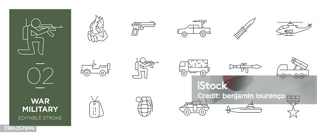 istock Icônes de ligne Guerre militaire - Illustration libre de droits - Editable stroke 1384257694