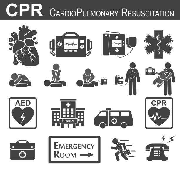 CPR ( Cardiopulmonary resuscitation ) icon ( black & white , flat design ) , Basic life support ( BLS )and Advanced cardiac life support ( ACLS )( mouth to mouth , chest compression , defibrillation ) vector art illustration