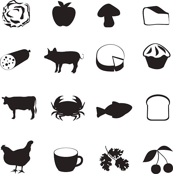 Icon collection of different type of food Icon collection of different type of food cheese silhouettes stock illustrations