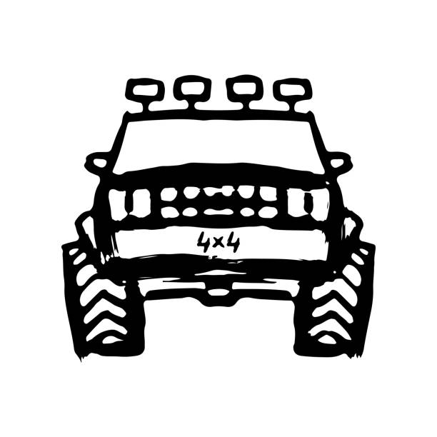 stockillustraties, clipart, cartoons en iconen met suv icon. ink sketch. front view. hand drawn vector flat graphic illustration. isolated object on a white background. isolate. - front view old jeep