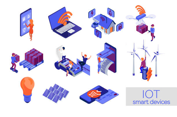 IOT icon isometric on a white background. Laptop, smartphone, smart home, drone, eco energy IOT icon isometric on a white background. Laptop, smartphone, smart home, drone, eco energy drone clipart stock illustrations
