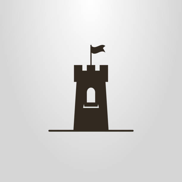 icon of a tower with a flag Black and white icon of a tower with a flag fort stock illustrations