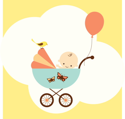 Icon of baby boy in stroller with balloon