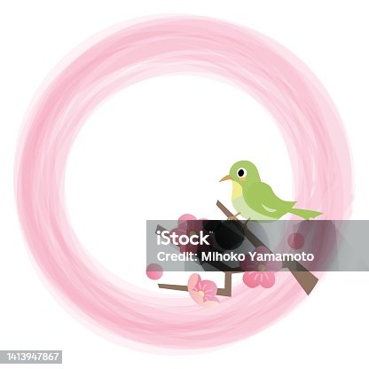 istock Icon of Spring, plum blossoms and Japanese white-eye. 1413947867