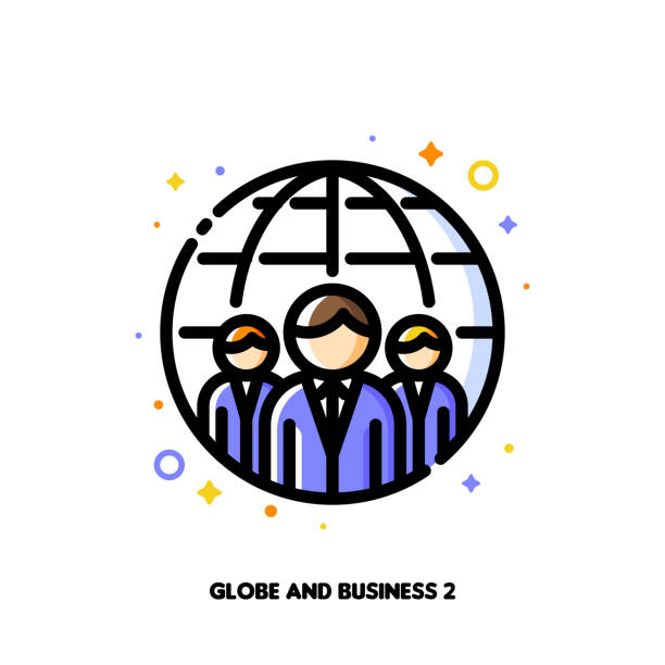 Icon of three business persons on a background of globe for international team or global business concept. Flat filled outline style. Pixel perfect 64x64. Editable stroke Icon of three business persons on a background of globe for international team or global business concept. Flat filled outline style. Pixel perfect 64x64. Editable stroke board of directors stock illustrations