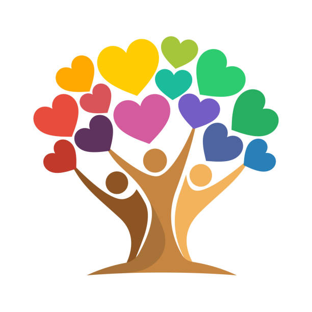 ilustrações, clipart, desenhos animados e ícones de ícone de ilustração da árvore com o conceito de unidade das pessoas atingindo amor (símbolo do coração) - alegria