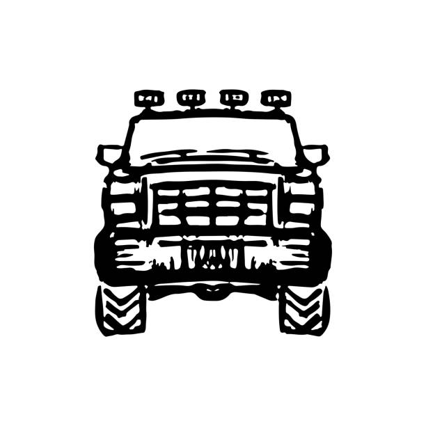 stockillustraties, clipart, cartoons en iconen met suv icon. off-road vehicle. front view. black ink outline sketch silhouette. vector simple flat graphic hand drawn illustration. the isolated object on a white background. isolate. - front view old jeep