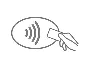 istock Icon pay. Contactless payment logo. Tap of card for cashless. Symbol of nfc. Wave pass to terminal from card in hand. Wireless reader on pos terminal. Chip in credit card for paypass. Vector 1282377945