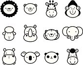 Vector illustration – Icon Set: Cute Zoo Animals in black and white. 