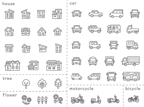 icon set of house and car and bike and plant - only line drawing,line is Stroke - Classification version