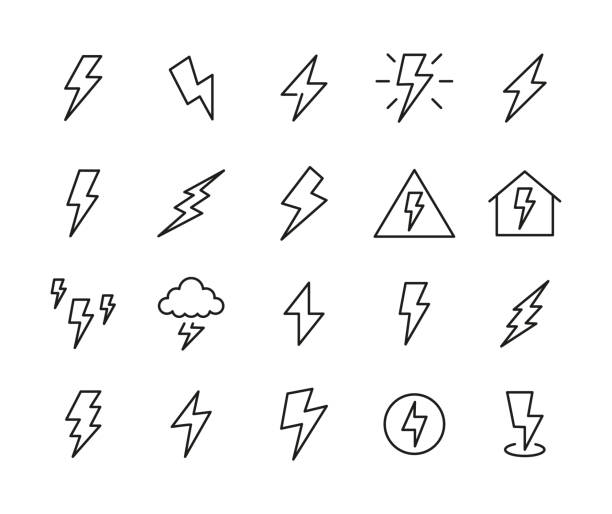 ilustraciones, imágenes clip art, dibujos animados e iconos de stock de conjunto de truenos. - lightning