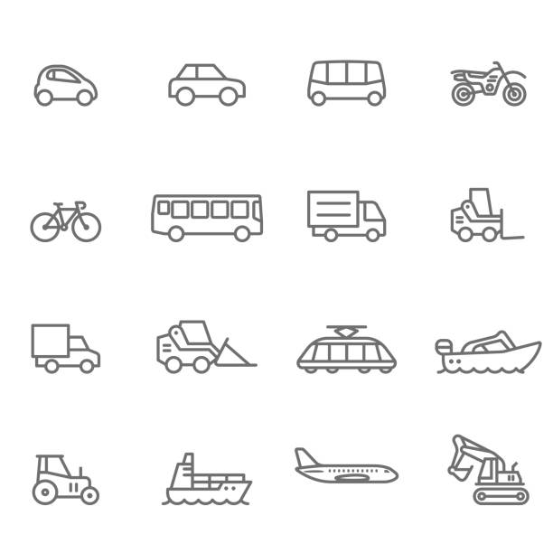 Icon Set, Transportation - Illustration Mode of Transport, Truck, Motorcycle, Bus, Semi-Truck bus stock illustrations