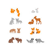 Cartoon forest animal character. Set of animal characters - raccoon, fox, hare, bear, marten, wolf. Childish vector print for nursery, kids apparel, poster, postcard, pattern.