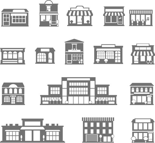 icon store Stores malls buildings and shopping black white icons set flat isolated vector illustration store icons stock illustrations