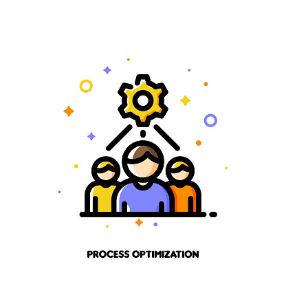 Icon with business team and gear as working process symbol for project development optimization concept. Flat filled outline style. Pixel perfect 64x64. Editable stroke