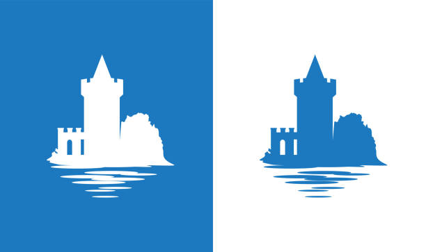 stockillustraties, clipart, cartoons en iconen met pictogram met europese middeleeuwse falkirk kasteel in kleuren van schotse nationale vlag - schotland