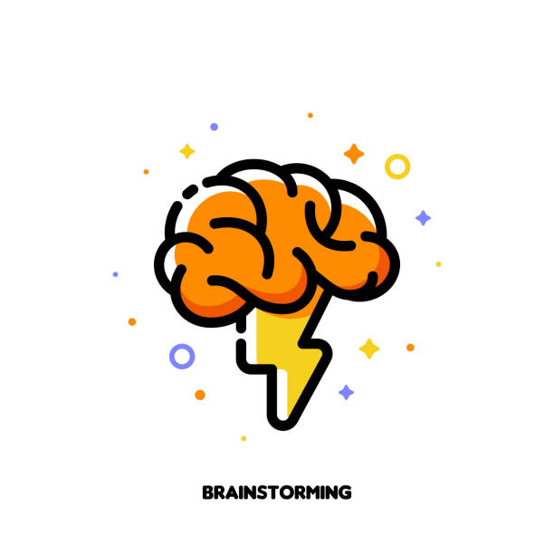 Icon with human brain and lightning for brainstorming techniques to generate creative ideas. Flat filled outline style. Pixel perfect 64x64. Editable stroke  brainstorming stock illustrations