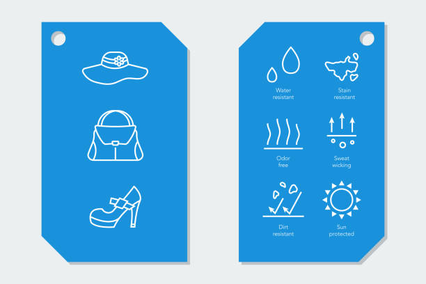 Icons for fabric material properties on two labels Vector signs for fabric material properties on two blue labels. Outline white icons of woman hat, bag and shoe on first side. Water and dirt resistant, odor free, sweat wicking, sun protection caithness stock illustrations