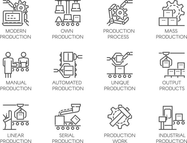 ilustraciones, imágenes clip art, dibujos animados e iconos de stock de iconos de la producción automática y manual. 12 pictogramas gráficos de web lineal mono. movimiento editable. 64 x 64 pixel perfect - production line