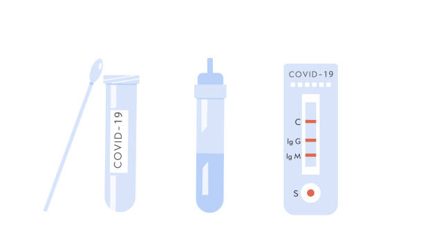 코비드-19 홈 테스트 키트의 아이콘. 코로나바이러스 항체 혈액 검사. 빠른 스트렙 rst. 신속한 항원 검출 radt. 벡터 그림은 흰색으로 격리되었습니다. - at home covid test stock illustrations