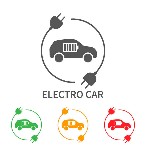 Icons of electric cars, vector. Side view of the electric vehicle. The indication of the battery level in the electric car vector art illustration
