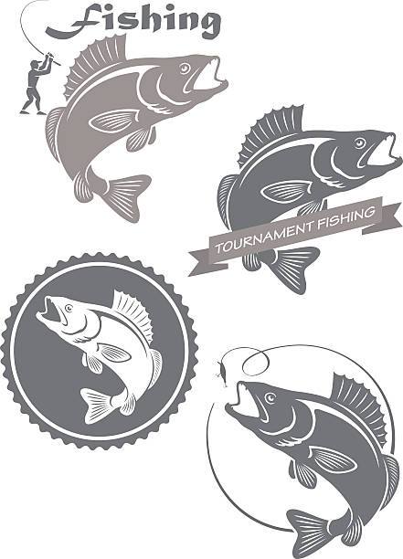 icons  of fishing The figure shows the icons on the theme of fishing bass fish jumping stock illustrations