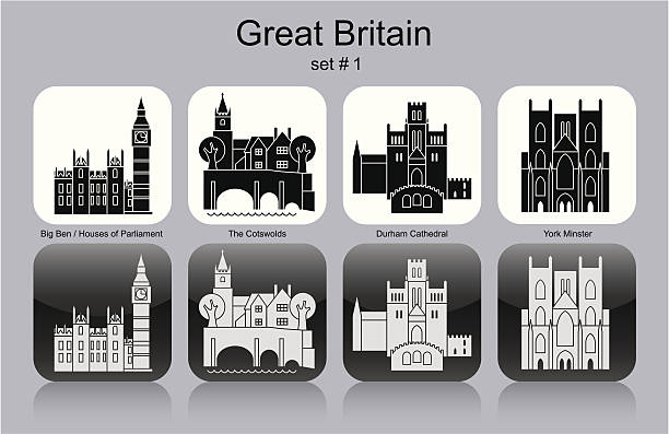 Icons of Great Britain Landmarks of Great Britain. Set of monochrome icons. Editable vector illustration. Durham Cathedral stock illustrations
