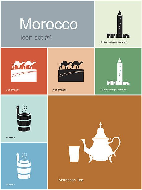 Icons of Morocco Landmarks of Morocco. Set of color icons in Metro style. Editable vector illustration. koutoubia mosque stock illustrations