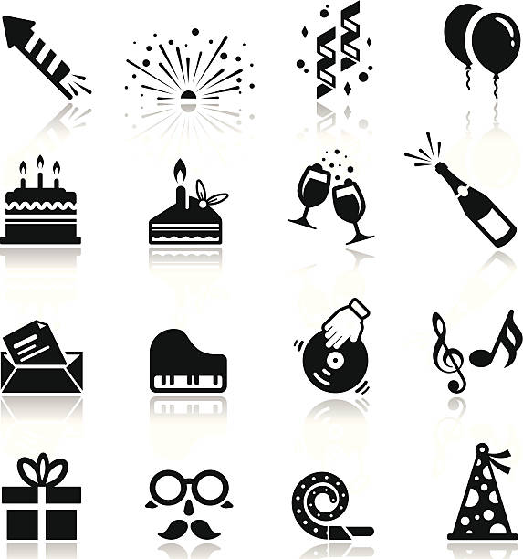 Icons set Birthday and celebration simplified but well drawn Icons, smooth corners no hard edges unless it’s required,  birthday silhouettes stock illustrations