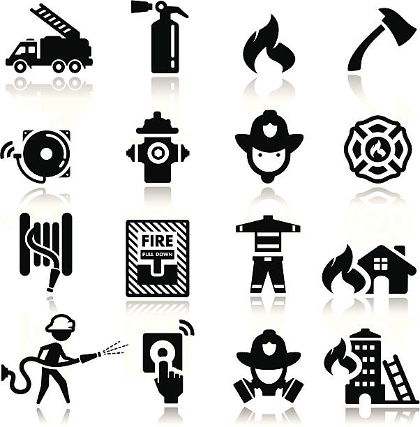 Icons set firefighter simplified but well drawn Icons, smooth corners no hard edges unless it’s required,  maltese cross stock illustrations