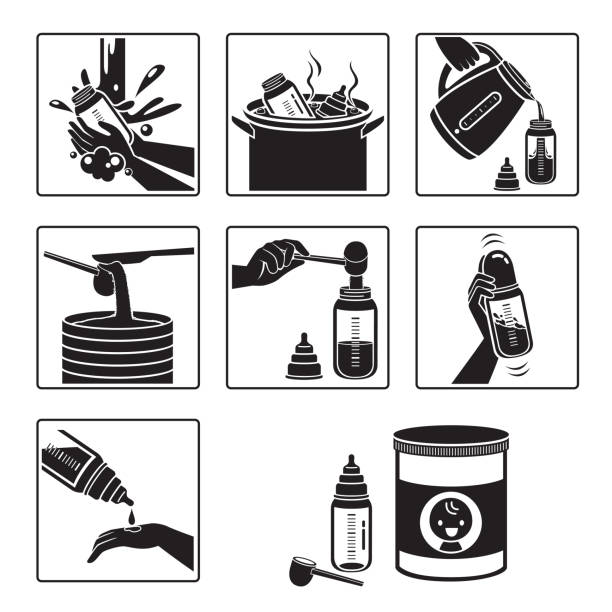 ilustraciones, imágenes clip art, dibujos animados e iconos de stock de icons set de pasos para preparar el biberón, monocromo, negro - baby formula