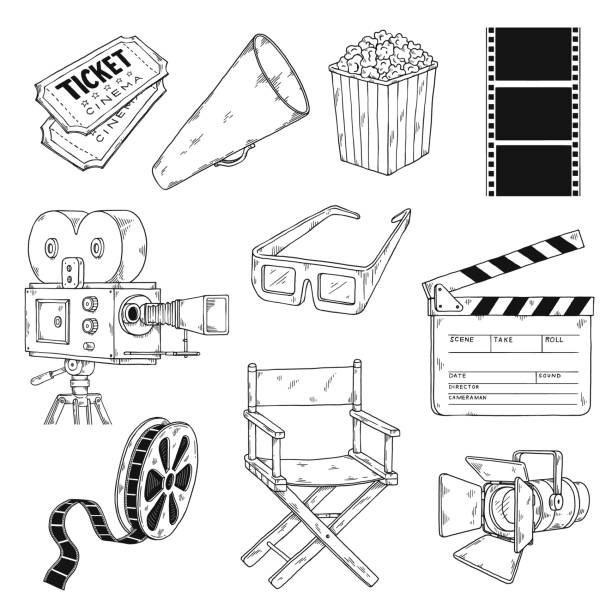 Icons set on topic of cinema and movie, engraving vector illustration isolated. Hand drawn icons set on topic of cinema and movie, engraving vector illustration isolated on white background. Collection of movie production symbols in black line. movie drawings stock illustrations