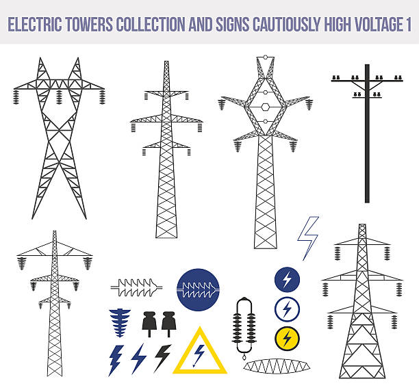 Icons set with electric towers isolated on white background. Icons set with electric towers isolated on white background. Signs cautiously high voltage. storm silhouettes stock illustrations