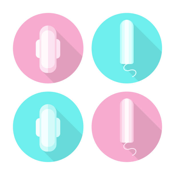 stockillustraties, clipart, cartoons en iconen met iconen met justine producten. vrouwen menstruatie pad und tampon. - tampons