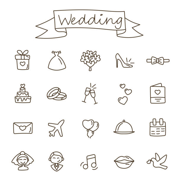 IconsWedding1 Wedding icons set in doodle style. Cartoon vector and illustration, hand drawn style, isolated on white background. wedding drawings stock illustrations