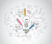 idea concept with light bulb and doodle sketches infographic icons.