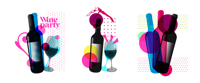 Idea for wine event. Illustration of bottle and wine glass with dotted pattern, retro 80s style, bright colors, pop art. For brochures, posters, invitations or banners.