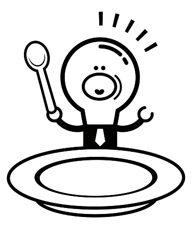 Idea light bulb character with spoon, big blank food plate