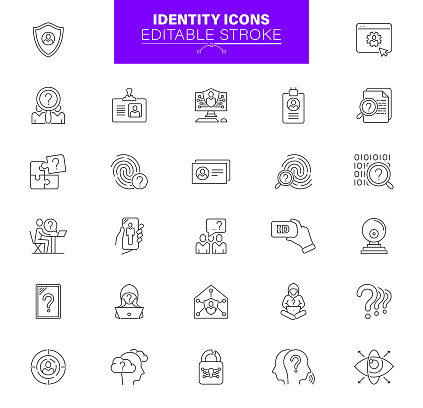 Identity Icons. Editable Stroke. Set contains icons as Biometric, Security, ID Card, Human Face