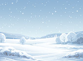 A winter landscape with snowy trees, hills and mountains. The sky is gray and it's snowing. Vector illustration with space for text.