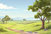 An idyllic landsapce with trees, green meadows, hilly fields and a blue sky with clouds. EPS 8, grouped and all labeled in layers.