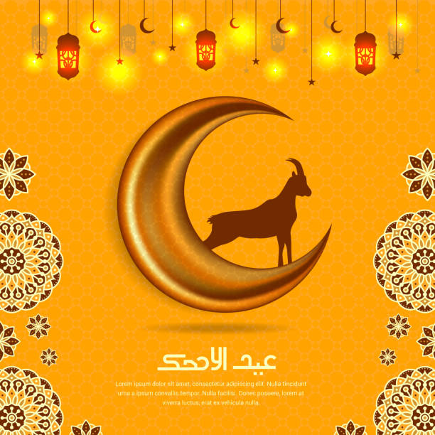 Ied Al Adha Moslem Festive with Sheep and Crescent Moon, Lantern and Mandala with Gold Background Ied Al Adha Moslem Festive with Sheep and Crescent Moon, Lantern and Mandala with Gold Background eid al adha calligraphy stock illustrations