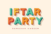 Iftar Party banner, 3d retro typography isolated on white background. Vector illustration with light bulbs font. Islamic Holy Month Ramadan Kareem