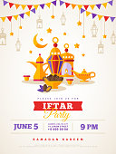Iftar party celebration concept flyer. Vector Illustration. Sweet Dates, Fanous Lantern and Arabic coffee mug. Islamic Holy Month, Ramadan Kareem. Typography template for text