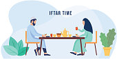 Iftar time with Family during Ramadan month, muslim family. Ramadan Fasting vector illustration.